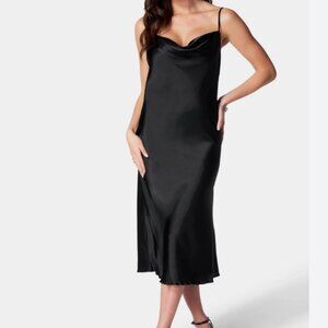BEBE BLACK SATIN COWL NECK MIDI DRESS MEDIUM